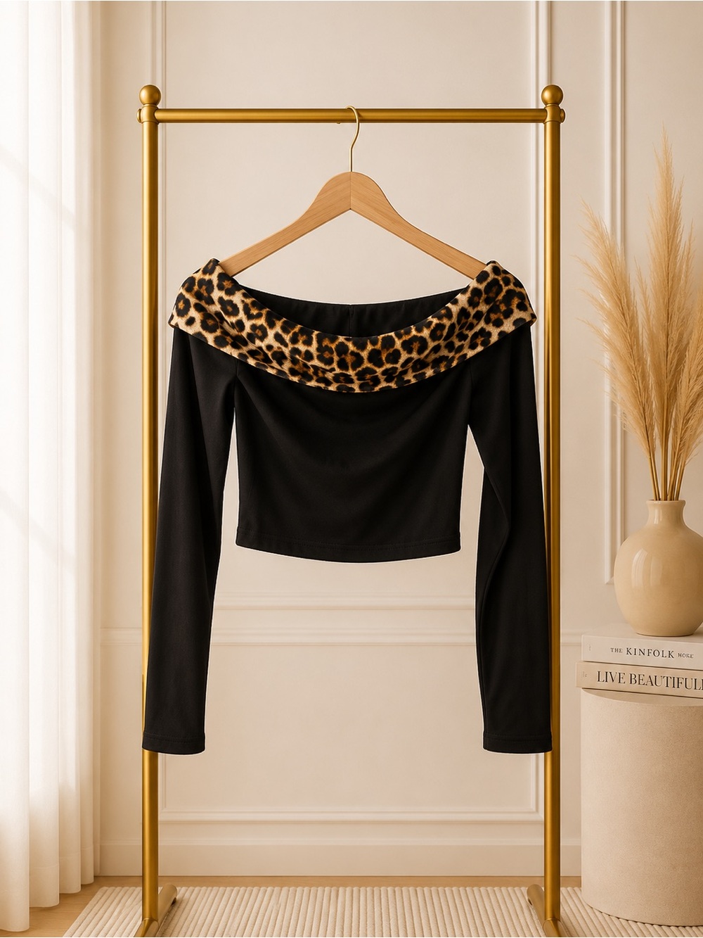 🔴 Black Off-Shoulder Crop Top with Leopard Trim